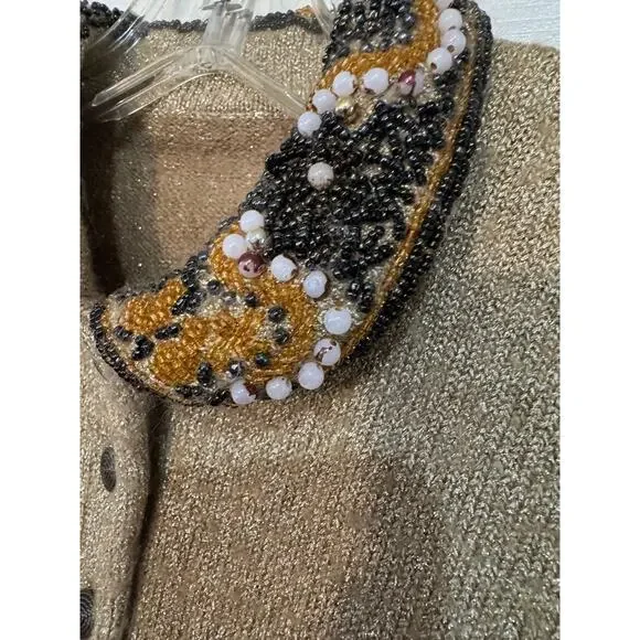 VINTAGE GOLD SHIMMER BEADED MOHAIR CARDIGAN SZ XS/S